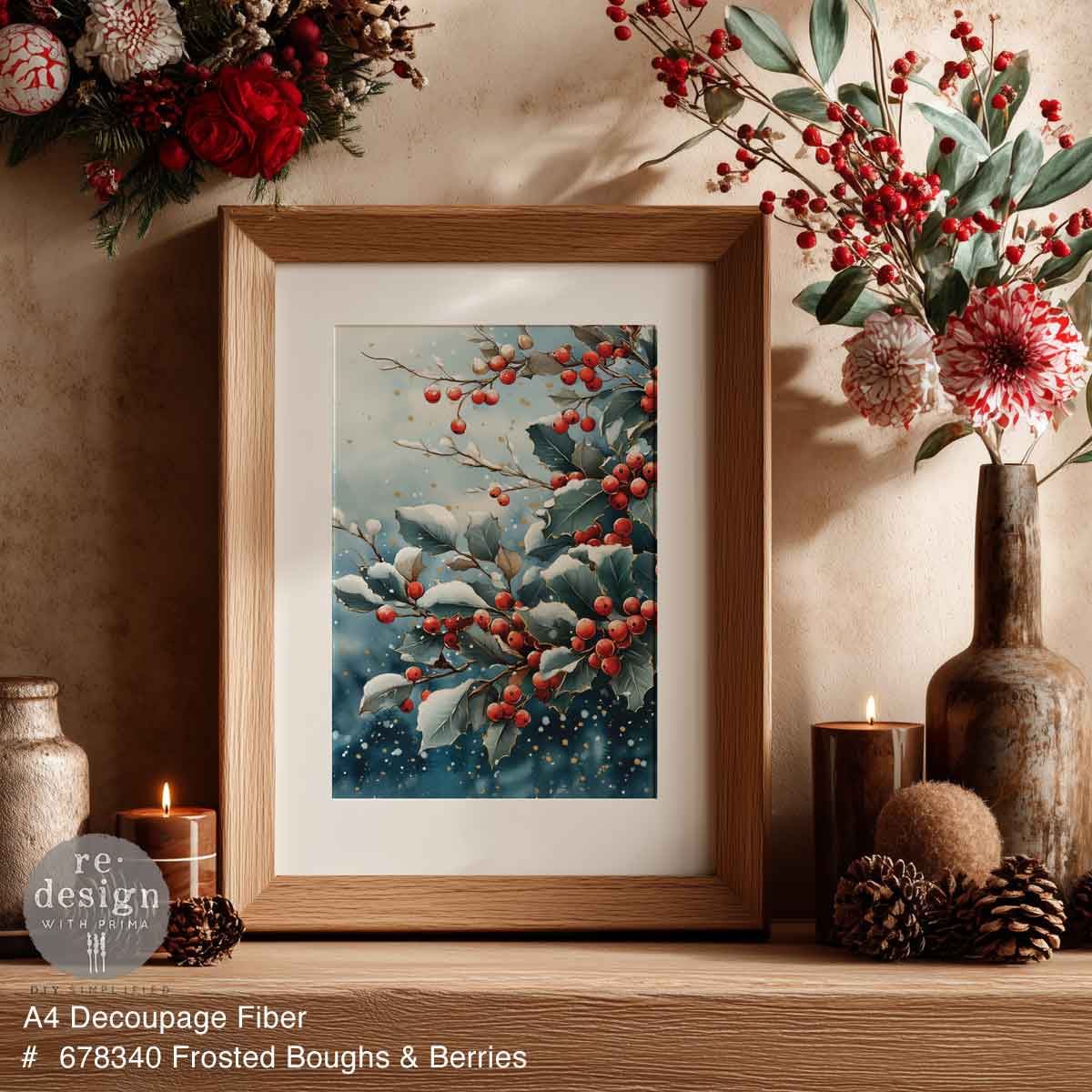 A4 Decoupage – Frosted Boughs & Berries – 1 sheet, 8.27″x11.69″