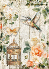 Decoupage Queen Rice Paper - Teresa Rene Art - Rose Garden Hummingbird