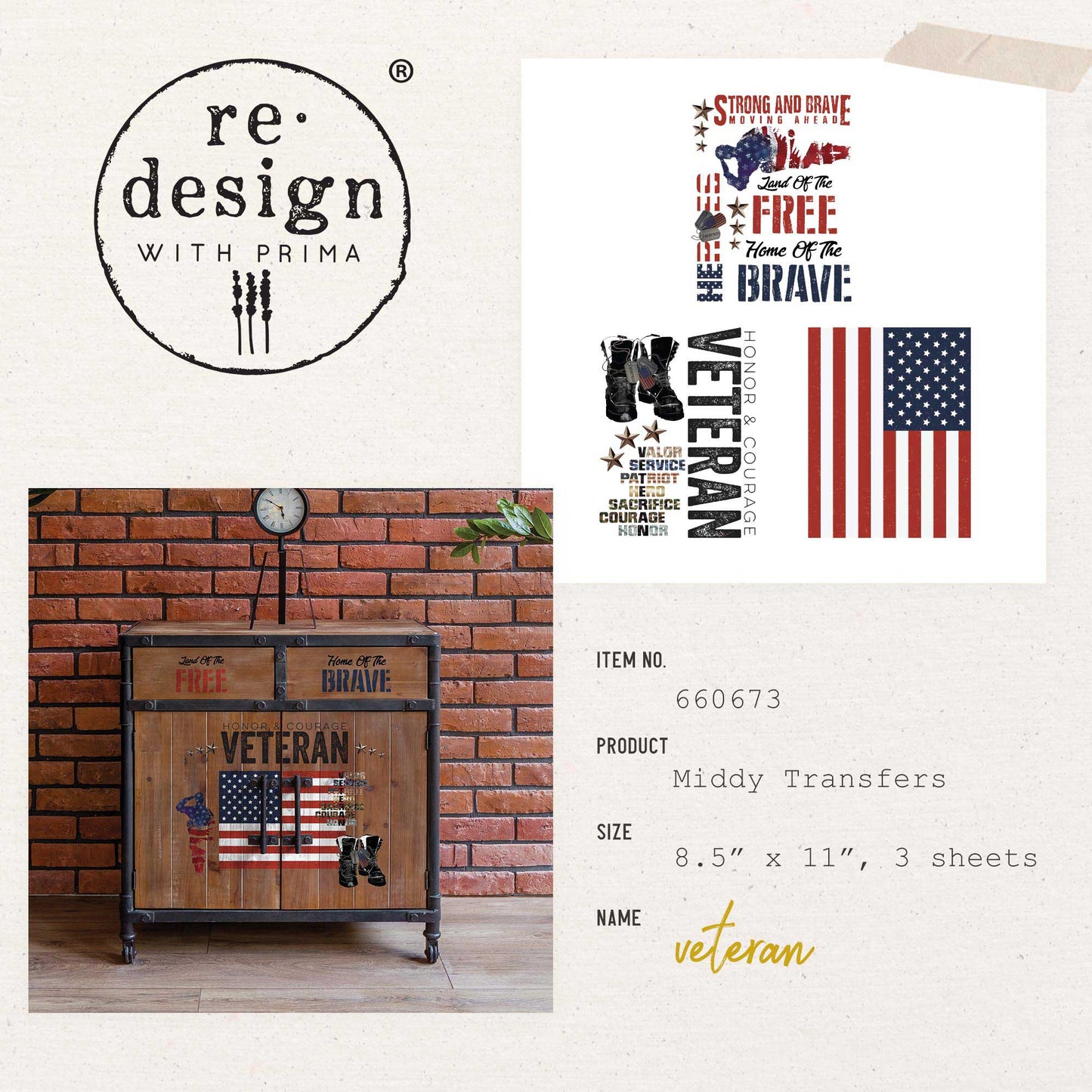 Veteran - Redesign with Prima Rub On Decor Transfers 8.5×11 –  3 sheets, 8.5″x11″