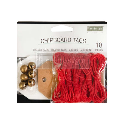 CHRISTMAS CHIPBOARD TAGS – 3 TAGS 2.3″X4.75″ + 3 TAGS 2″X3.5″ + 6 BELLS + TWINE