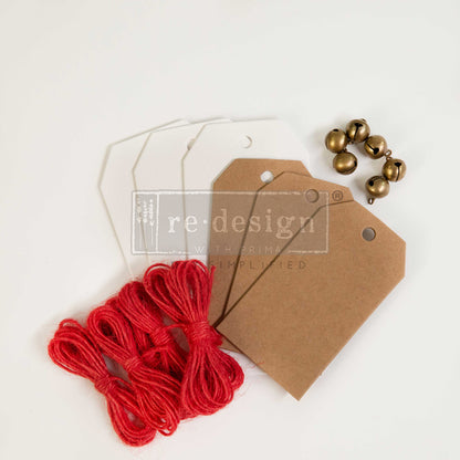 CHRISTMAS CHIPBOARD TAGS – 3 TAGS 2.3″X4.75″ + 3 TAGS 2″X3.5″ + 6 BELLS + TWINE