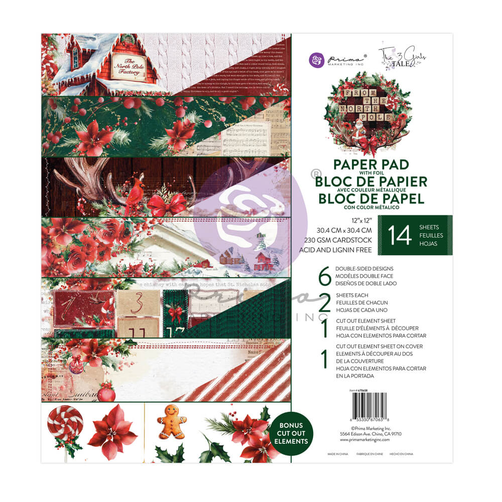 FROM THE NORTH POLE COLLECTION 12×12 PAPER PAD – 14 SHEETS – 6 DOUBLE SIDED DESIGNS W/ FOIL X 2 SHEETS EACH + 1 CUT-OUT SHEET + 1 CUT-OUT SHEET ON COVER