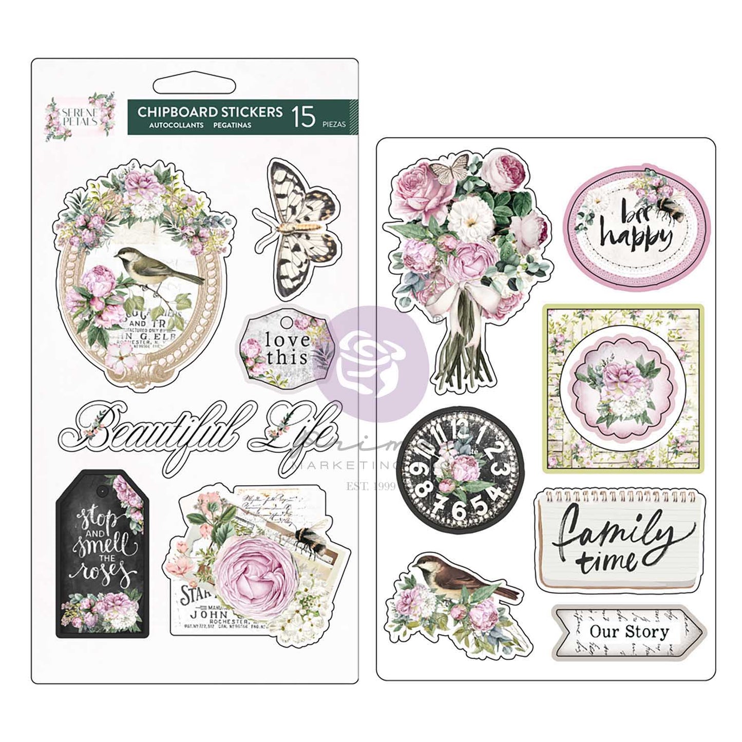 Serene Petals Collection Chipboard Stickers – Garden Whispers – 15 pcs