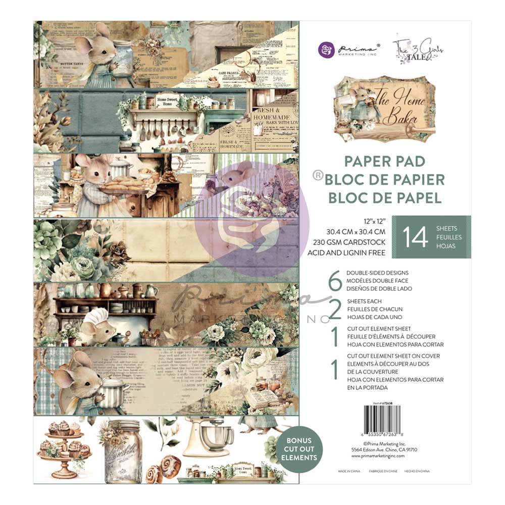 The Home Baker Collection 12×12 Paper Pad – 14 sheets w/ foil- 6 double sided designs x 2 sheets each + 1 cut-out sheet + 1 cut-out sheet on cover