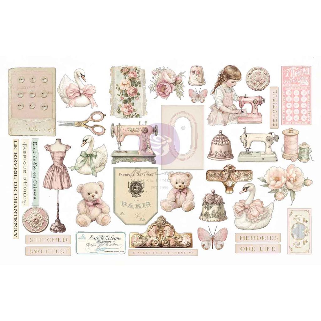 Buttons & Keepsakes Collection Ephemera – Stitched Clippings – 76 pcs w/ foil detail