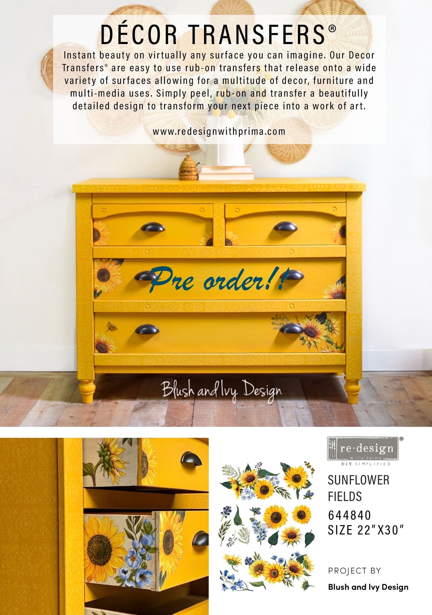 Sunflower Fields - Rub-On Furniture Decal transfer by redesign with Prima!